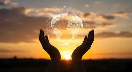 Hands Holding Digital Sphere, Sunset Connectivity Symbol, Technology Meets Nature, Global Network Innovation, Future of Digital Transformation.
