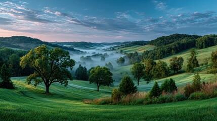 Misty valley landscape at dawn
