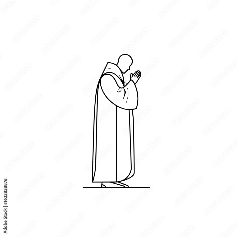 Poster minimalist line art of a monk in prayer with hands clasped in a simple vector design on white backgr