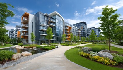 Obraz premium Modern apartment complex in a landscaped park