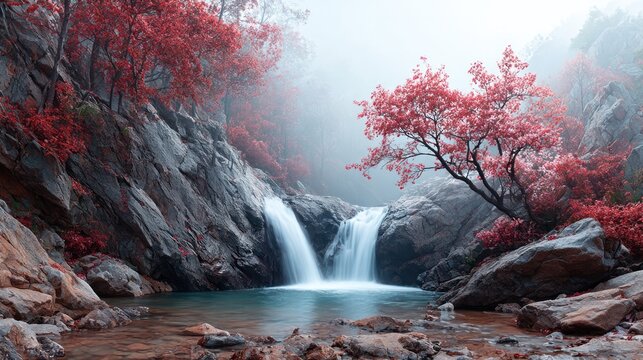 Misty waterfall in a red autumn forest
