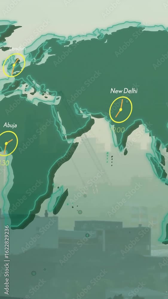 Poster animation of data processing and world map over cityscape