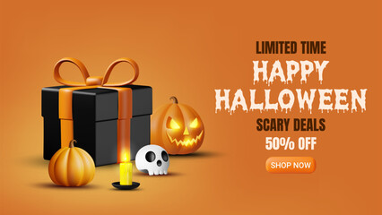 3D vector render of a Halloween promotion banner decorated with gifts, pumpkins, skulls, candles, the text “SCARY DEALS” and “50% OFF” with a “SHOP NOW” button. Mysterious yet friendly atmosphere.
