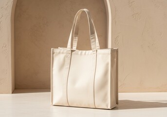 Premium cream canvas totebag, concrete slab and warm stucco wall, editorial product photography for minimalist lifestyle branding