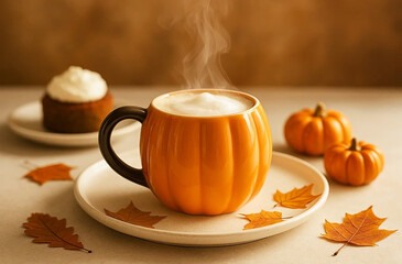 Orange round ceramic cup in the shape of a pumpkin, with hot delicious cappuccino coffee, on a ceramic plate, on a light background