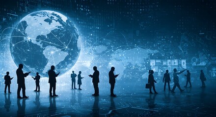 Global Connectivity Illustration, International Business Scene, Digital Communication Network, Worldwide Networking Concept, Globalization and Technology.
