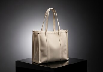 Cream totebag on reflective black acrylic, gradient grey background and rim lighting, luxury commercial photography for modern product branding