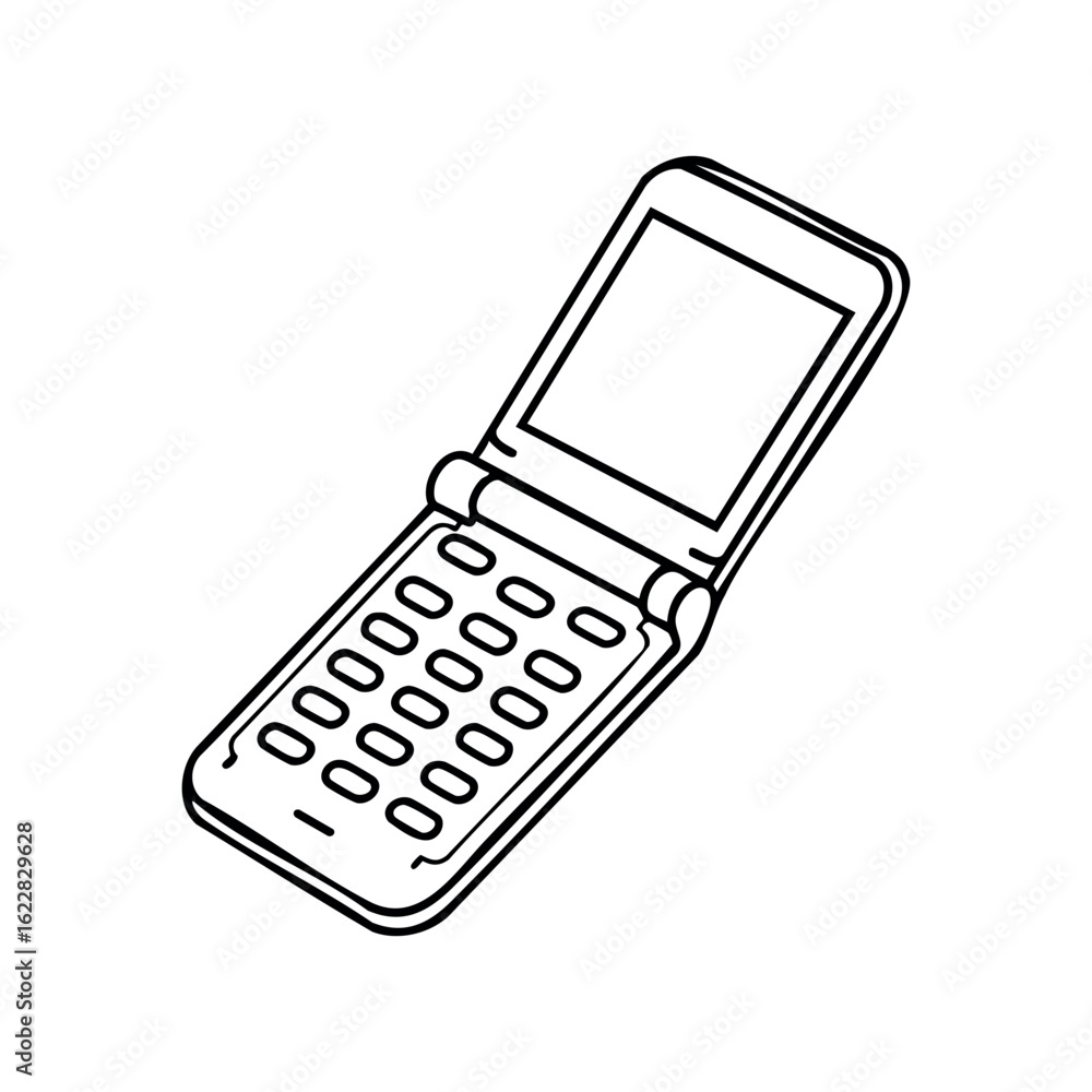 Poster vintage flip phone line art with keypad and screen – stock vector icon in line style