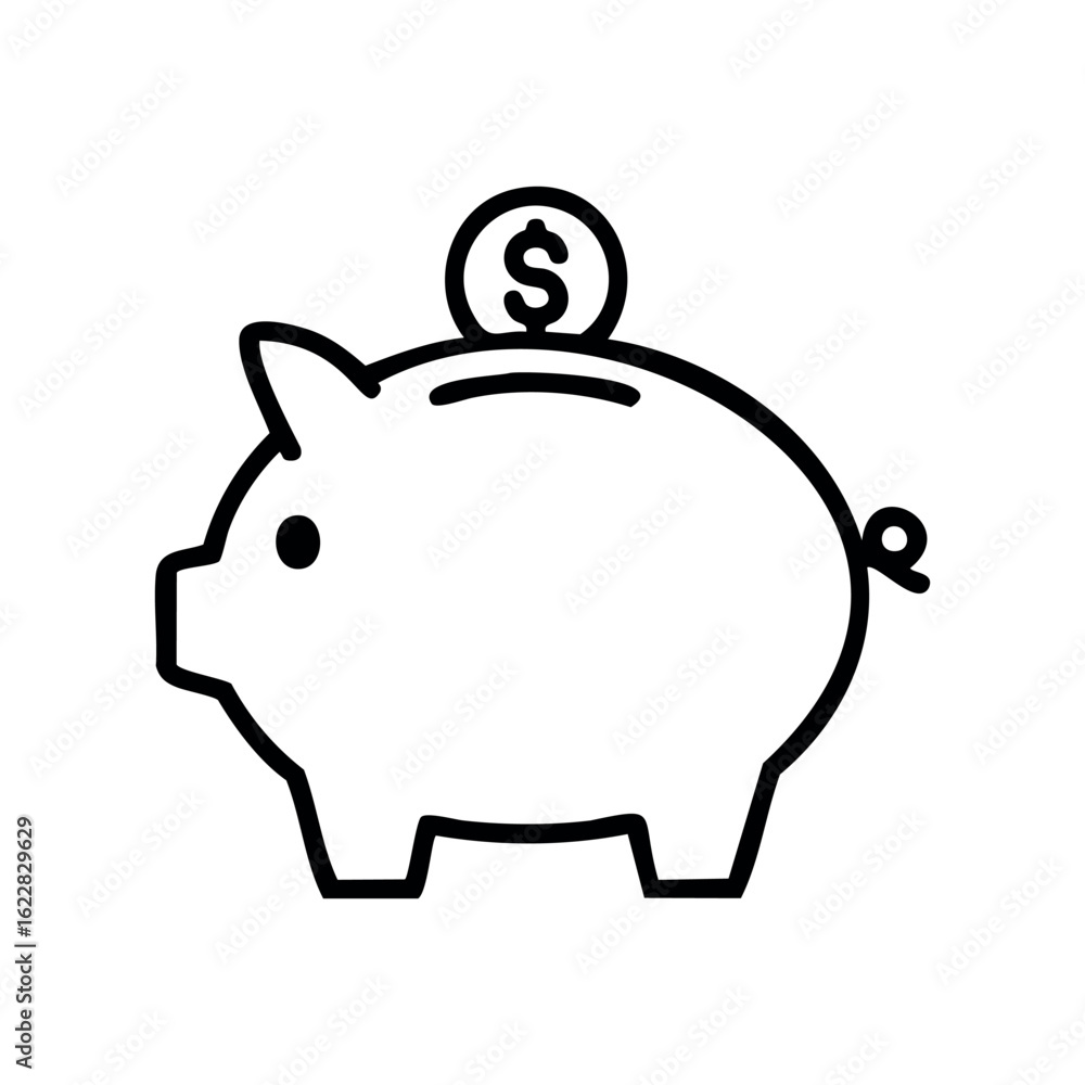 Poster piggy bank outline with dollar coin symbolizing savings and wealth – stock vector icon in line style