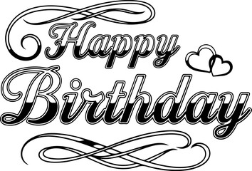 Vector art of elegant happy birthday calligraphy with hearts and swirls isolated on white background
