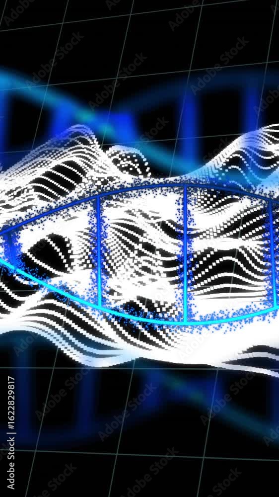 Poster dna strand and wave patterns, scientific data processing animation