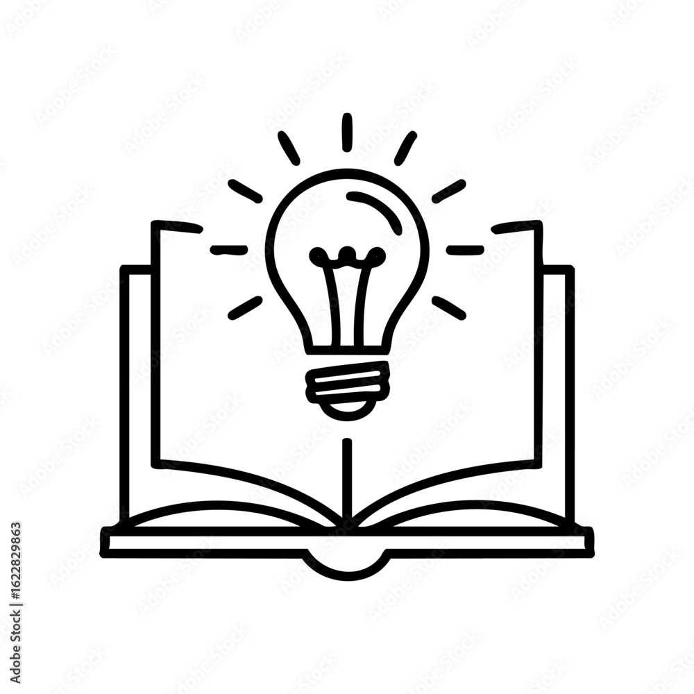 Poster open book with light bulb illustration symbolizing knowledge and creativity – stock vector icon in l