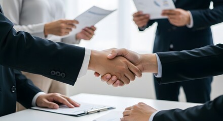 Business Partnership Agreement, Professional Handshake Moment, Successful Deal Closing, Teamwork and Collaboration, Trust in Business Relationships.