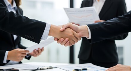 Business Partnership Agreement, Professional Handshake Moment, Successful Deal Closing, Teamwork and Collaboration, Trust in Business Relationships.