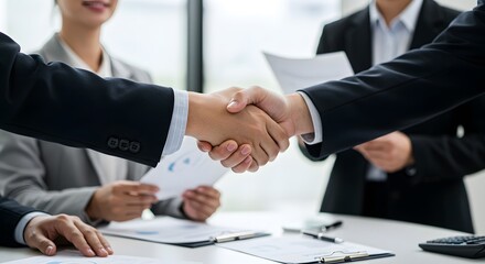 Business Partnership Agreement, Professional Handshake Moment, Successful Deal Closing, Teamwork and Collaboration, Trust in Business Relationships.