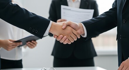 Business Partnership Agreement, Professional Handshake Moment, Successful Deal Closing, Teamwork and Collaboration, Trust in Business Relationships.