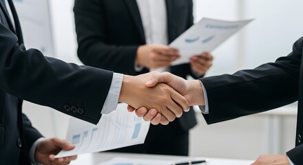 Business Partnership Agreement, Professional Handshake Moment, Successful Deal Closing, Teamwork and Collaboration, Trust in Business Relationships.