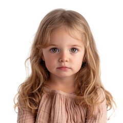 Portrait of a cute little girl with long blonde hair and brown eyes, wearing a peach dress. background removed