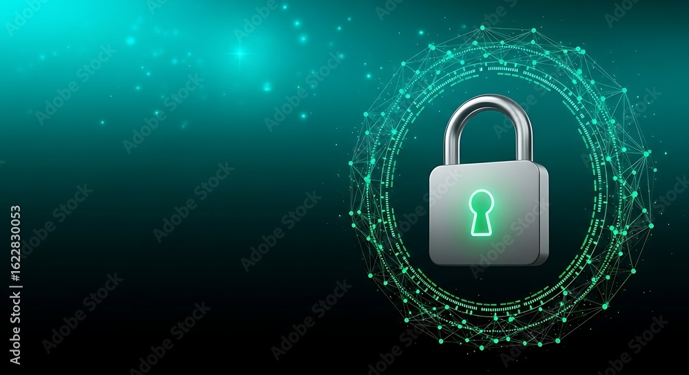 Aufkleber cybersecurity: padlock with glowing keyhole, teal network plexus background, digital security concep