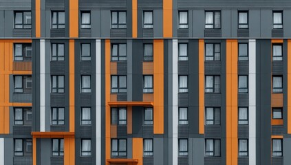 A new modern apartment building facade with gray and orange panels