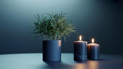 Serene ambiance with green plant and flickering candles