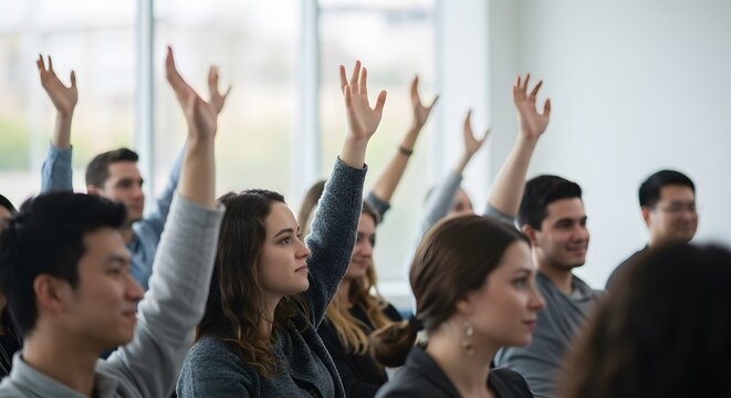 Active Learning Session, Engaged Audience Interaction, Modern Seminar Environment, Collaborative Training Workshop, Educational Participation Moment.