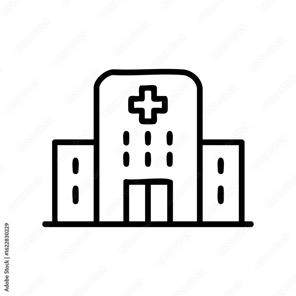 Poster minimalist outline of a hospital building with cross symbol – stock vector icon in line style
