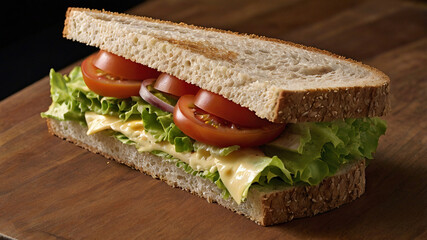 Classic Sandwich with Fresh Lettuce, Tomato, Onion, and Cheese on Whole Wheat Bread