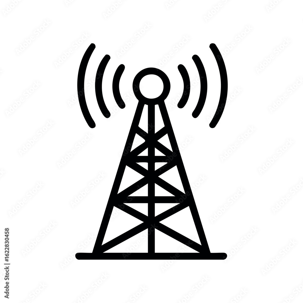 Poster black and white radio tower icon with signal waves – stock vector icon in line style