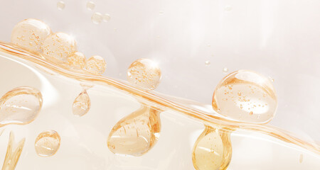 3d oil texture forms bubbles, liquid yellow background with smooth wavy surface, floating golden drops of serum, collagen gel, hyaluronic acid or vitamin essence, cosmetic skin care. 3D illustration