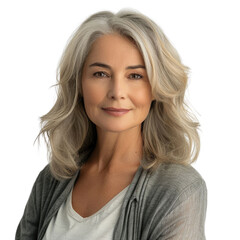 Portrait of a mature woman with shoulder-length wavy gray hair, wearing a gray cardigan. background removed