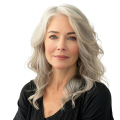 Portrait of a mature woman with shoulder-length wavy gray hair, wearing a black top. background removed