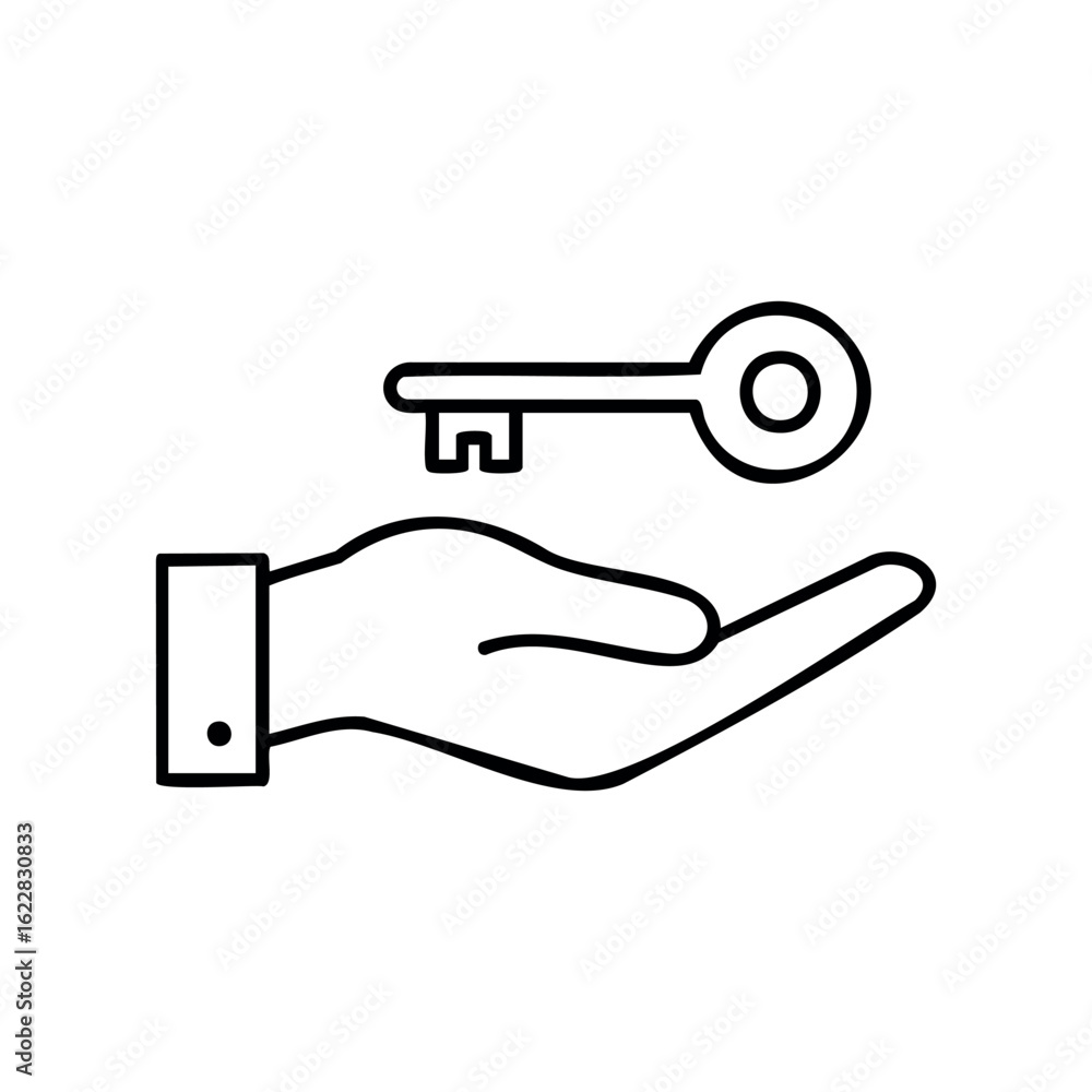 Aufkleber hand holding key icon symbolizing access and security – stock vector icon in line style