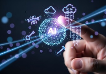 Hand Interacting with Futuristic AI Globe: Drone, Cloud, and Key Icons, Binary Code, Blue Neon Style