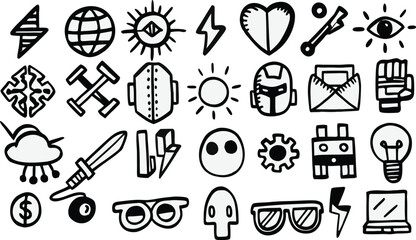 Hand Drawn Tech Doodle Icon Set – Lightning, Robots, Eyes, Hearts, Swords, Gadgets, Gears, Sunglasses, AI, Ideas – Black and White Vector Clipart for Stickers, UI Design, and Comics