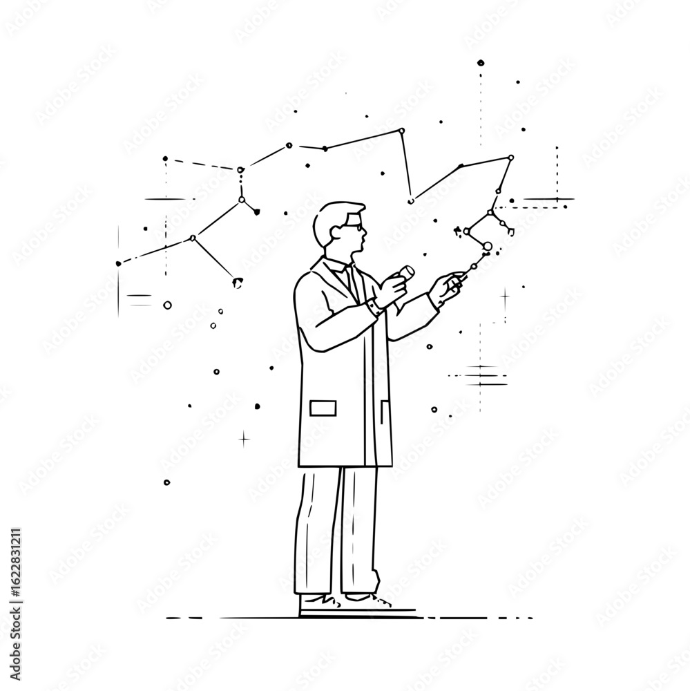 Poster scientist analyzing constellation data astronomy research and development innovation in science fiel