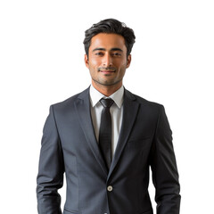 Portrait of a smiling Indian businessman in a dark suit against a transparent background. background removed