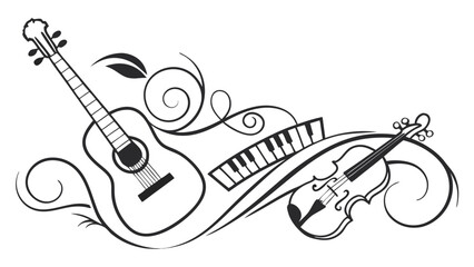 Elegant Musical Instrument Silhouette Vector – Guitar, Violin, Piano Keys with Floral Swirls – Black and White Music Clipart for Design, Tattoos, Posters, and Artistic Projects