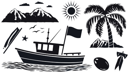 Tropical Island Silhouette Vector Set: Palm Tree, Fishing Boat, Ocean Waves, Mountains, Surfboards, Sun, Birds, Coconut – Black and White Beach Scene Clipart for Design and Prints