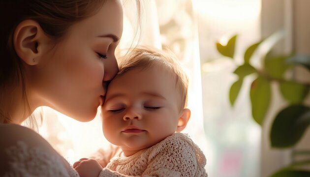 Mother Lovingly Plants A Gentle Kiss On Her One-Month-Old Baby'S Forehead In The Cozy Comfort Of Their Home. Bonding Moment Captured.