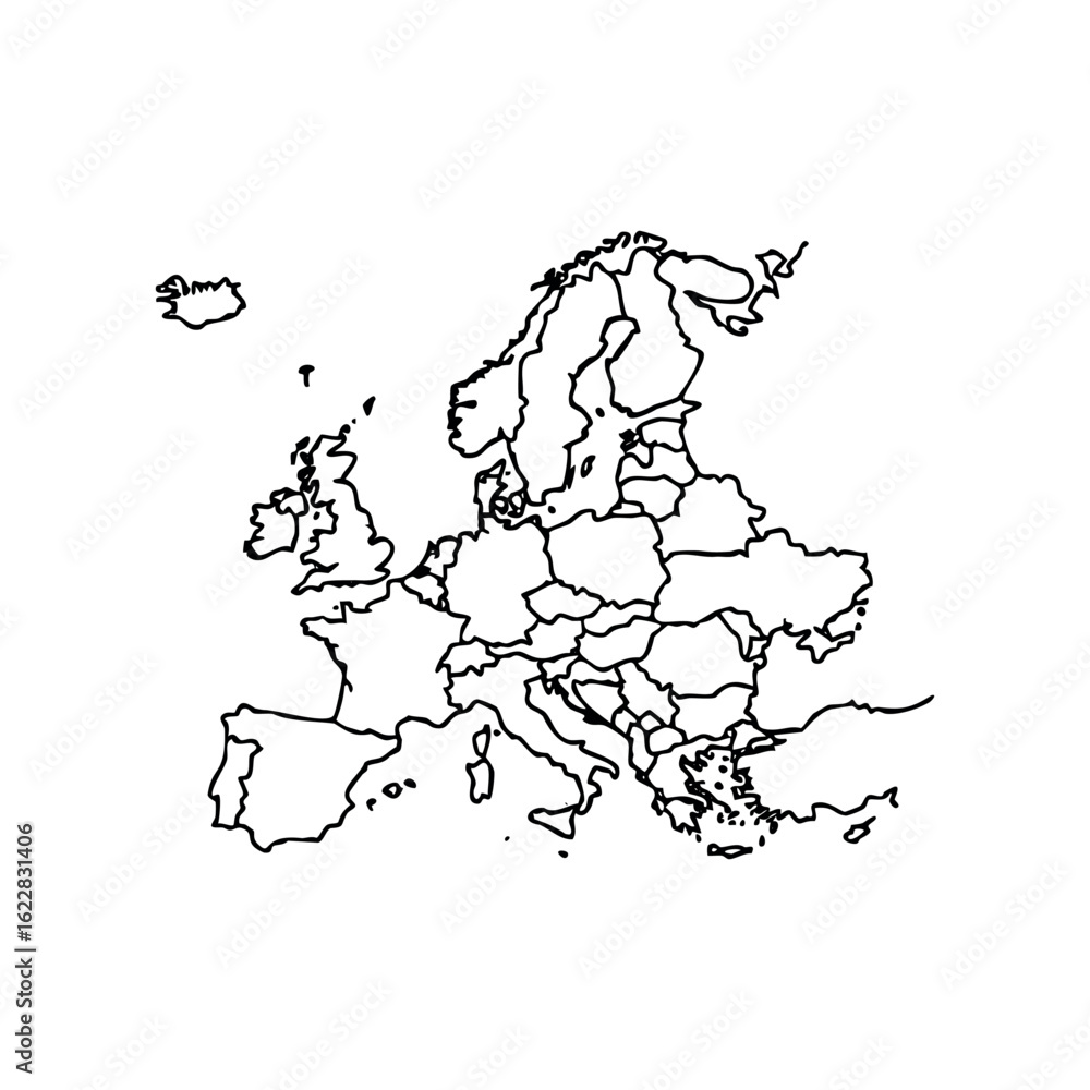Poster outline map of europe continent with country borders – stock vector icon in line style