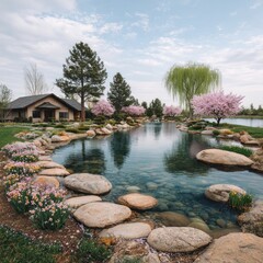 Obraz premium Peaceful pond scene with blossoming trees