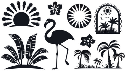 Tropical Flamingo and Palm Silhouette Vector Set – Sun, Exotic Flowers, Island Scenery, Beach Landscape, Jungle Trees, Minimal Black Illustrations for Summer, Nature, and Travel-Themed Design Projects