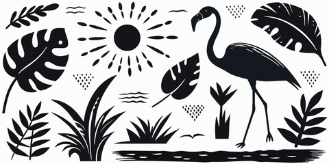 Tropical Flamingo and Leaf Silhouette Vector Set – Sun, Exotic Plants, Jungle Grass, Water Pond, Monstera Leaves, Summer Wildlife, Minimal Black Illustrations for Nature, Travel, and Outdoor Design Pr