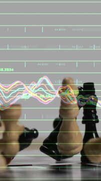 Chess pieces on board with financial data processing animation over them