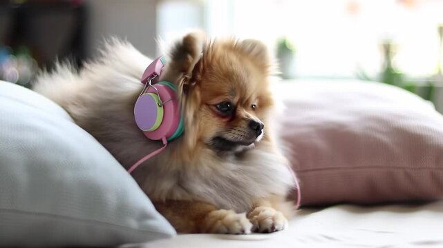 A Pomeranian dog wearing headphones rests on a bed