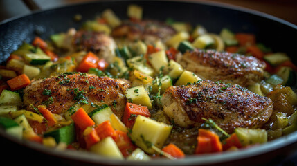 Skillet with browned chicken breasts surrounded by diced vegetables, garnished with fresh herbs, close-up studio shot.