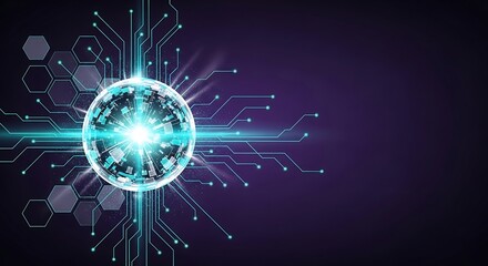Abstract Futuristic Technology: Glowing Teal Circuitry Sphere, Digital Network, Dark Purple Background, Modern Design, Innovation Concept.
