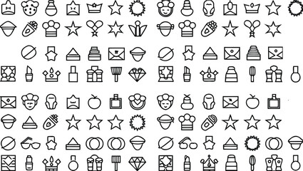 Beauty and Fashion Line Icons Pack – Crown, Lipstick, Ring, Gift, Star, Makeup, Perfume, Shopping Bag, Jewelry – Thin Outline Vector Set for Salon, Cosmetic, Glamour, and Lifestyle Projects
