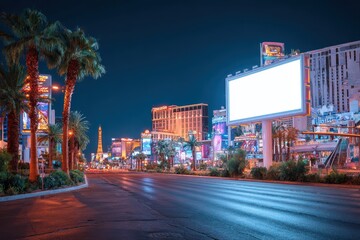 Las Vegas nightlife illuminated by glowing signs, large blank billboard, palm trees along busy roadside in entertainment district